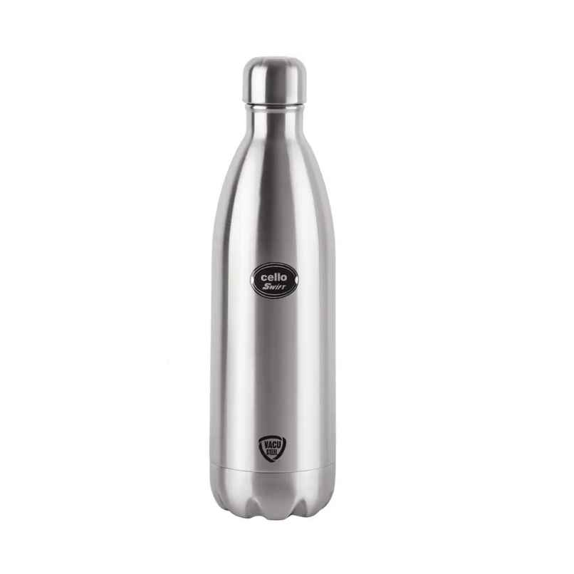 Cello Swift Thermosteel Bottle 1 L | Silver | Double Wall Vacuum Flask | Keeps Drinks Hot/Cold 24H
