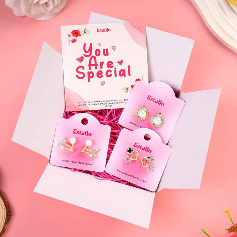 Estailo Fashion 3-Pair Earring Combo Gold Hoops, Pearl Drops & Studs | Women's Day