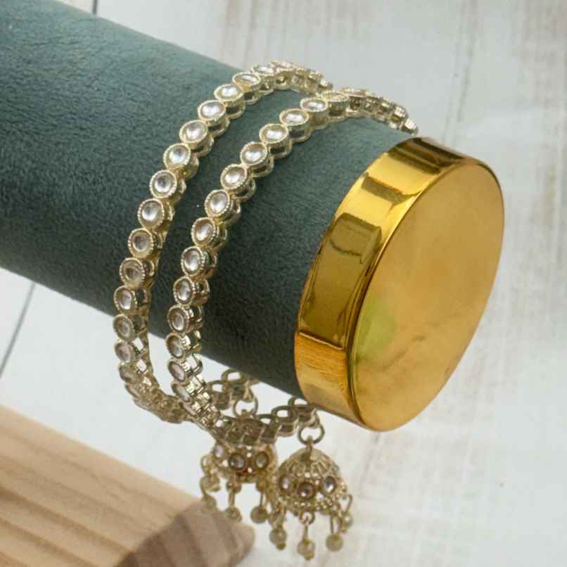 The Opal Factory Metal Bangles with Stone Work and Pearl Jhumki Latkan | Gold - Size 2.8