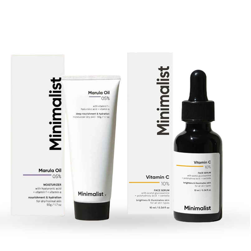 Minimalist 5% Marula Oil Face Moisturizer Cream Based Nourishing & Hydrating For Men & Women (50ml) & Minimalist Vitamin C 10% Face Serum For For Brighter, Glowing & Healthy Looking Skin (10ml) Combo