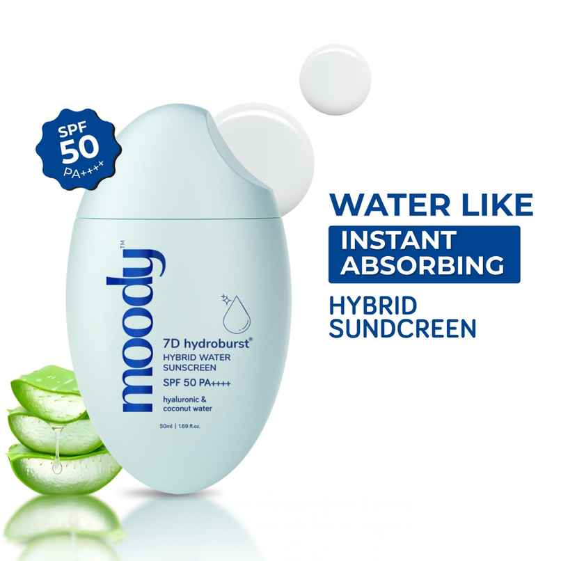 Moody 7D Hydro Burst Hybrid Water Sunscreen SPF 50 Pa +++, Hyaluronic & Coconut Water (50 Ml)