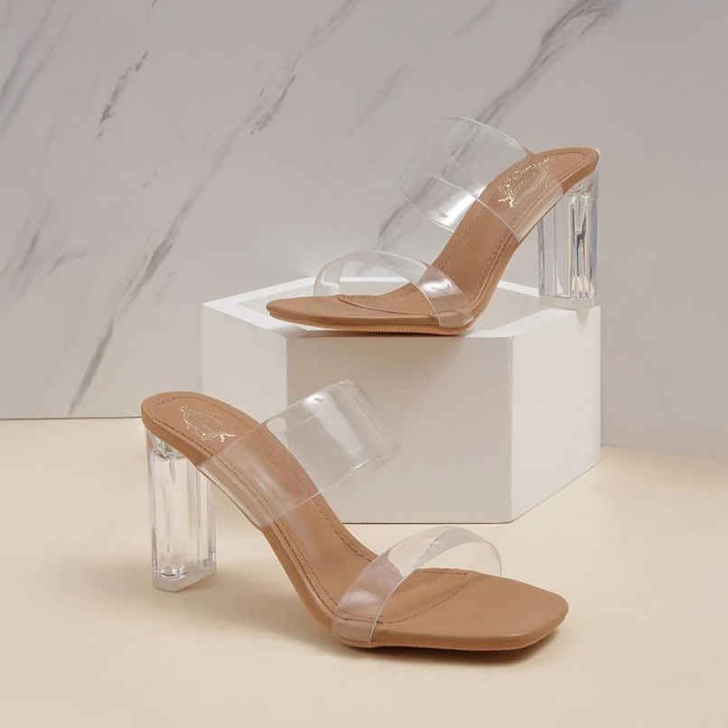 Shoetopia Stylish Trasparent Detailed Beige Block Heels For Women | UK 8 Shoetopia Stylish Trasparent Detailed Beige Block Heels For Women | UK 8