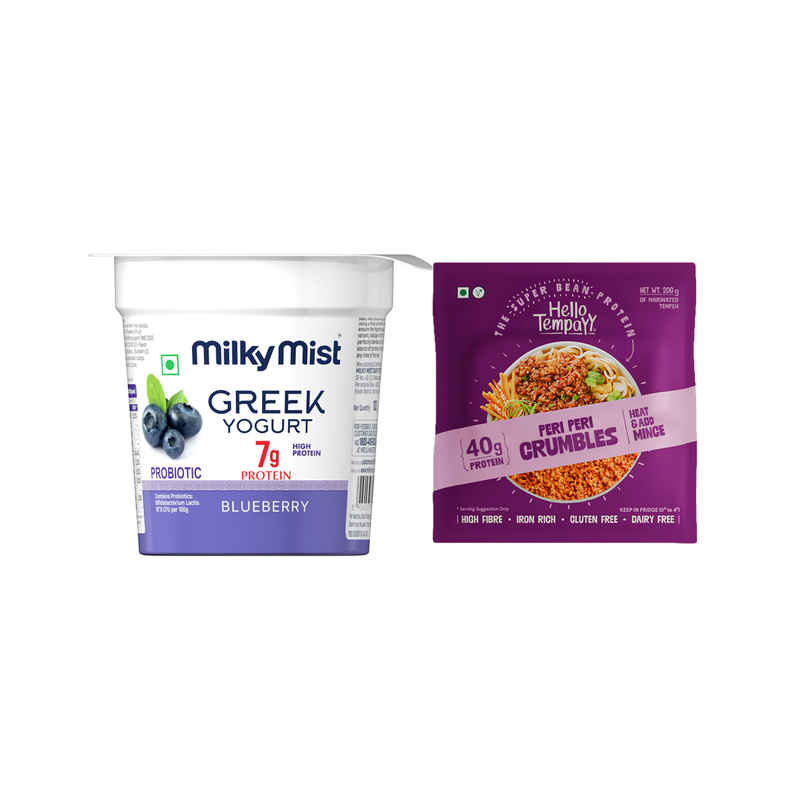 Milky Mist Greek Yogurt Blueberry (100g) & Hello Tempayy 40G Protein Tempeh Crumbles | Peri Peri | Heat & Add (200g) Combo