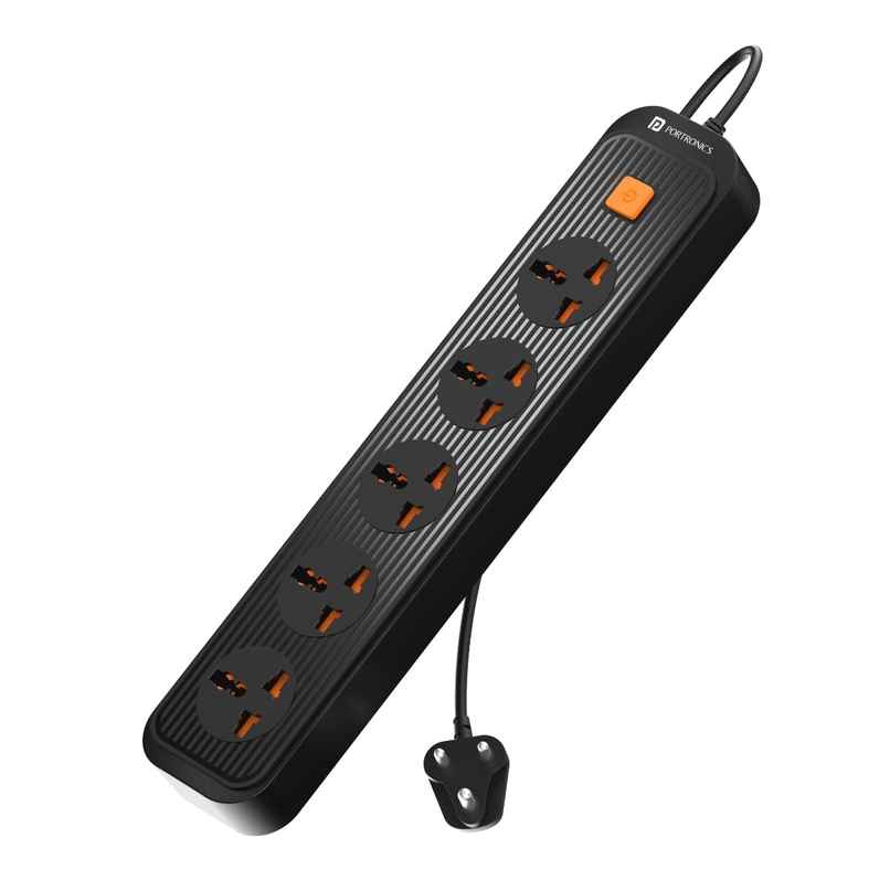 Portronics Power Plate 13 Multiplug Extension Board 5 Power Sockets, 1500W,2M Cord Length Black
