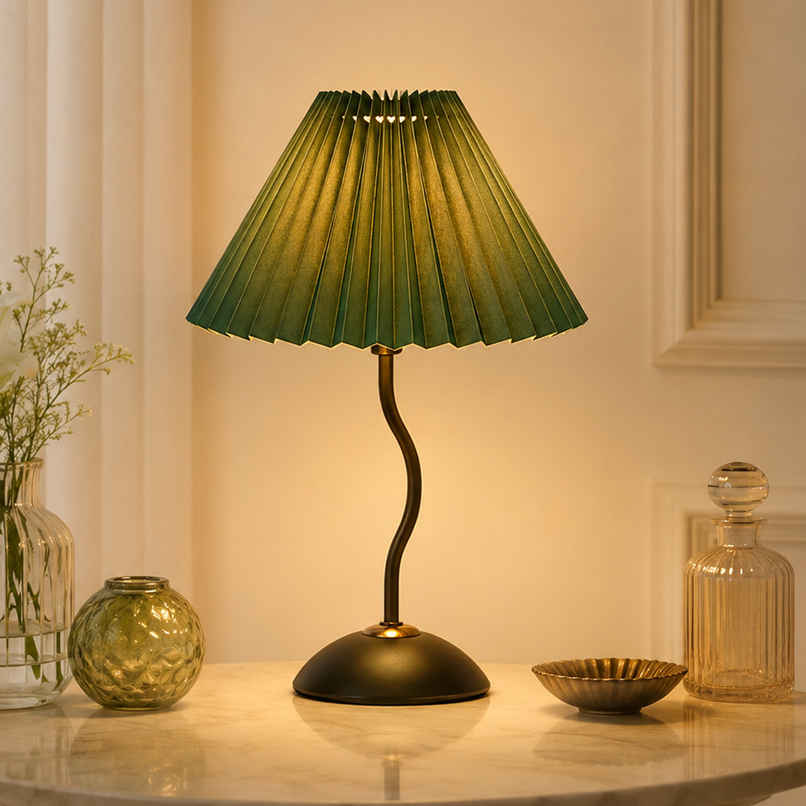 Homesake Matt Black Twister Metal Bedside Lamp | Pleated Green Shade | Modern Table Light