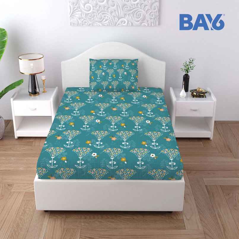 BAY6 Microfibre Floral Print Single Bedsheet with 1 Pillow Cover |Turquoise | 59 x 87 in