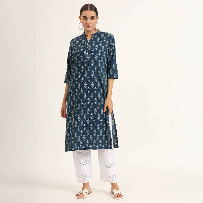 Divena Women s Blue Floral Print Pure Cotton Straight Kurta | DK2133 | L Divena Women s Blue Floral Print Pure Cotton Straight Kurta | DK2133 | L