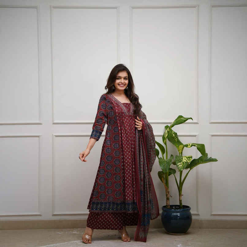 GoSriKi Women's Viscose Rayon Anarkali Printed Kurta with Pant & Dupatta | NAKULA | Wine - S