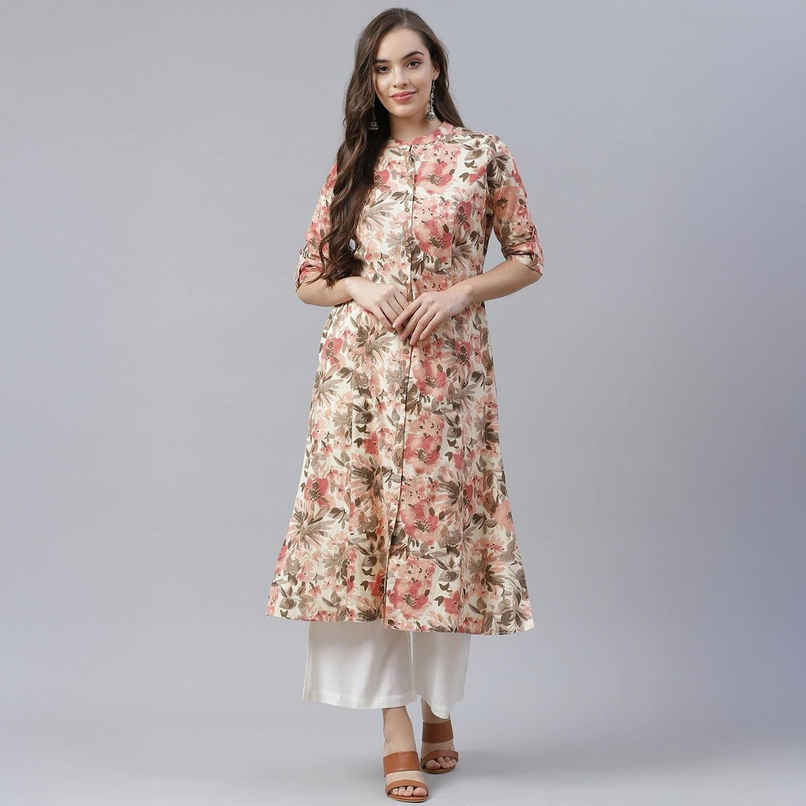 Divena Women s Cream Cotton Floral Print A-Line Kurta | DBK0336 | S Divena Women s Cream Cotton Floral Print A-Line Kurta | DBK0336 | S