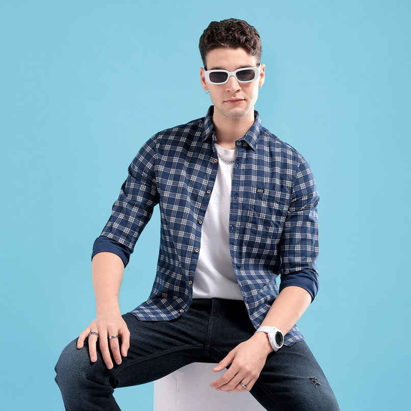 The Indian Garage Co Men's Slim Fit Checked Casual | Navy Blue | M