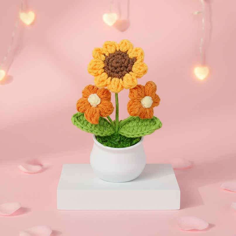 Crochet Sunflower Artificial Flower Bouquet in Pot | Set of 3 | Ideal for Gifting | Floweraura