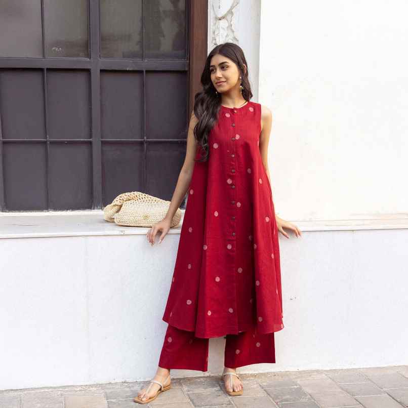 GoSriKi Women's Viscose Rayon Anarkali Polka Print Kurta with Palazzo | Red - L