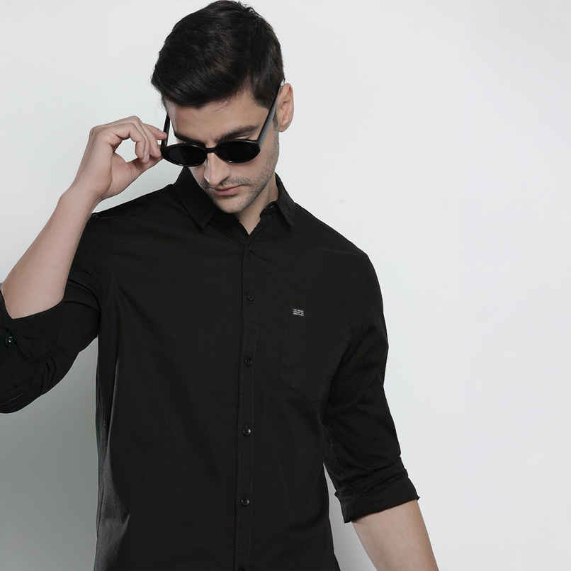 The Indian Garage Co Men's Slim Fit Solid Casual Shirt | Black - M