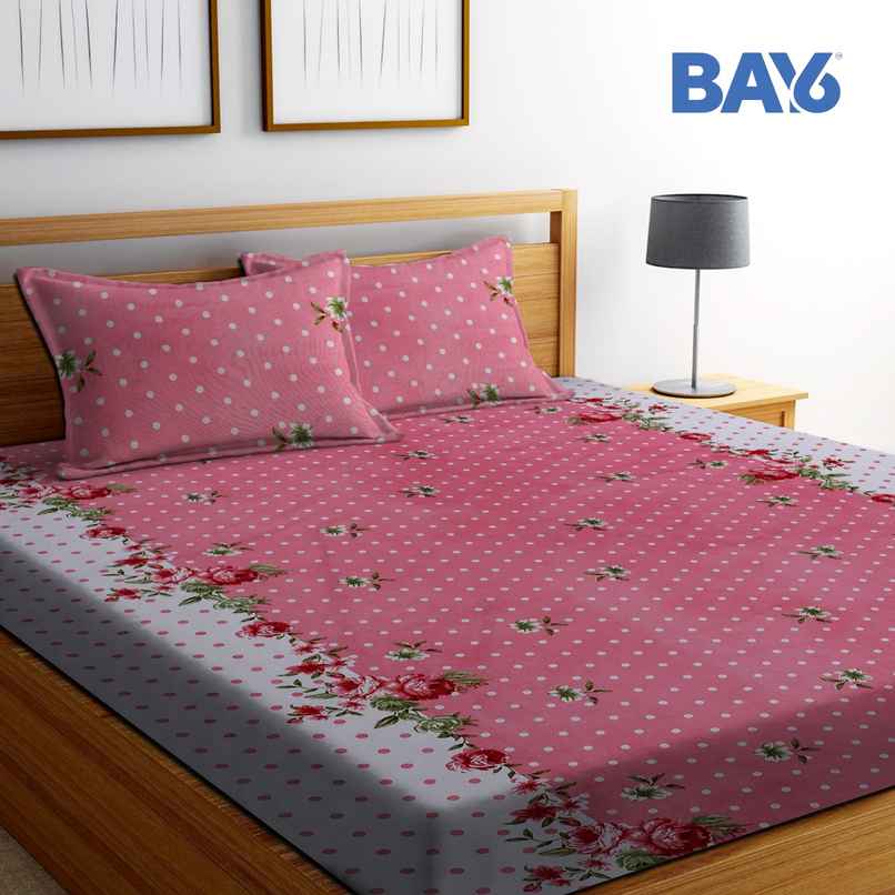 BAY6 120 GSM Dotted Print Double Bedsheet with 2 Pillow Covers | 220 x 240 cm - White and Pink
