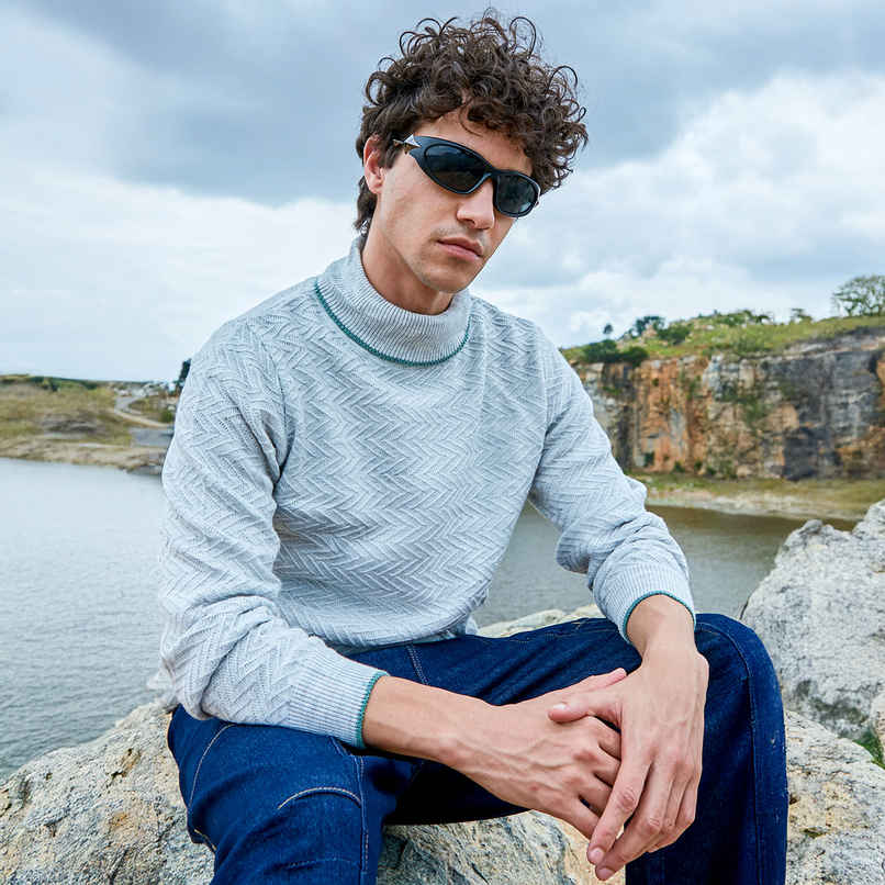 Campus Sutra Men's Herringbone Textured Pullover Sweater | Light Grey - XL