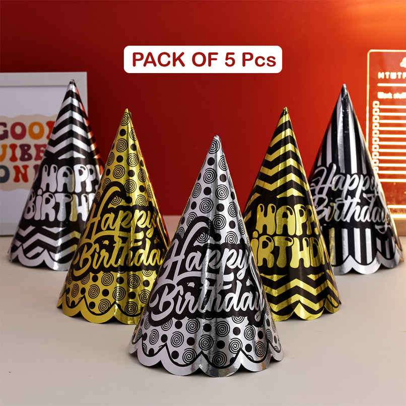 Gold Silver Party Hats | Birthday Celebration Caps Set | Pack of 5 | Propcon | Party Decor