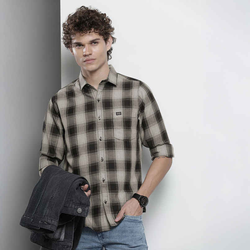 The Indian Garage Co Men's Slim Fit Checkered Casual Shirt | Grey - S The Indian Garage Co Men's Slim Fit Checkered Casual Shirt | Grey - S