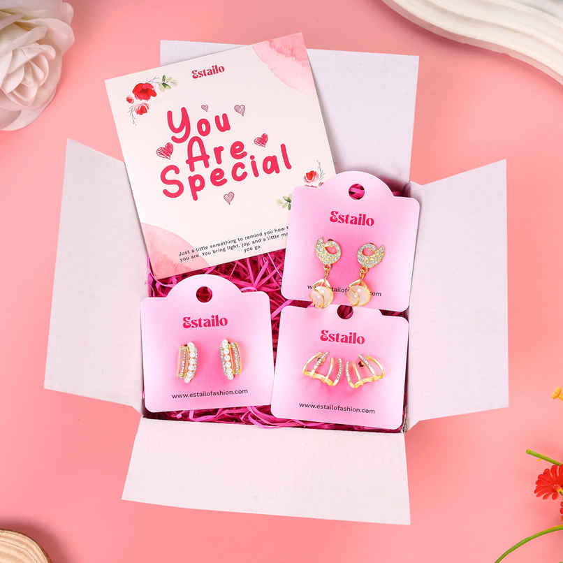 Estailo Fashion 3-Pair Earring Combo Swan Drop, Bling Stud & Pearl Hoops | Women's Day