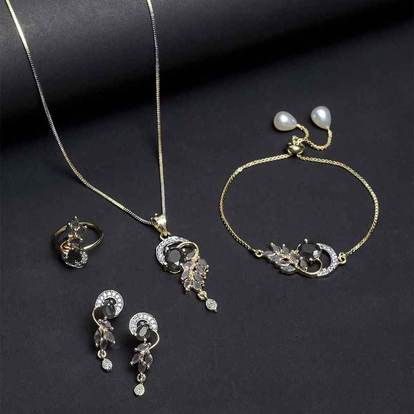 Zeneme Gold-Plated Black Cubic Zirconia Studded Handcrafted Jewellery Set For Girls and Women