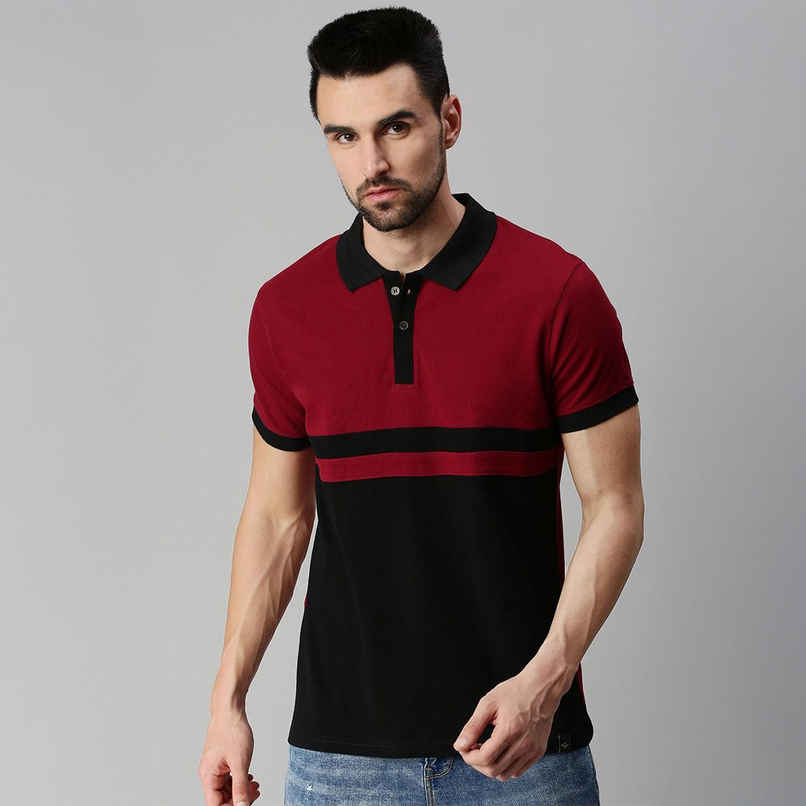 VEIRDO Men's Colorblock Regular Polo T-Shirt | P-22 BLK MRN | Maroon - S