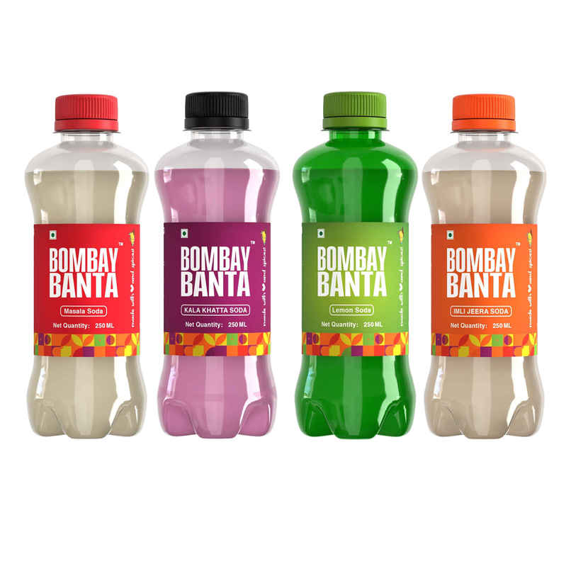 Bombay Banta Masala Soda Soft Drink | Spicy & Fizzy (250ml) & Bombay Banta Kala Khatta Soft Drink | Tangy & Fizzy (250ml) & Bombay Banta Lemon Soda Soft Drink | Refreshing & Tangy (250ml) & Bombay Banta Imli Jeera Soft Drink | Tangy & Fizzy (250ml) Combo
