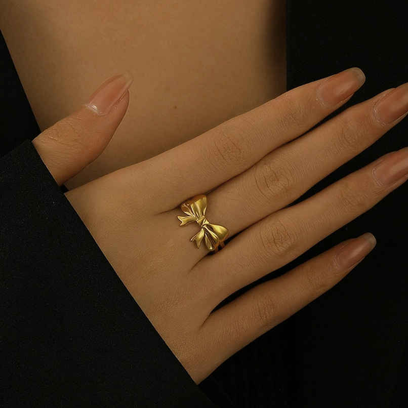 Label She Gold-Plated Stainless Steel Bow Themed Adjustable Ring | LS-RNG-72202 Label She Gold-Plated Stainless Steel Bow Themed Adjustable Ring | LS-RNG-72202