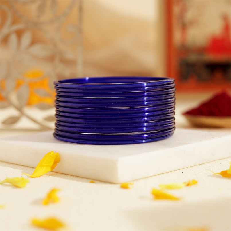 Vibrant Glass Bangles | Traditional Festival Jewellery | Blue | Pack Of 12 | Size 2.6 | Oye Happy