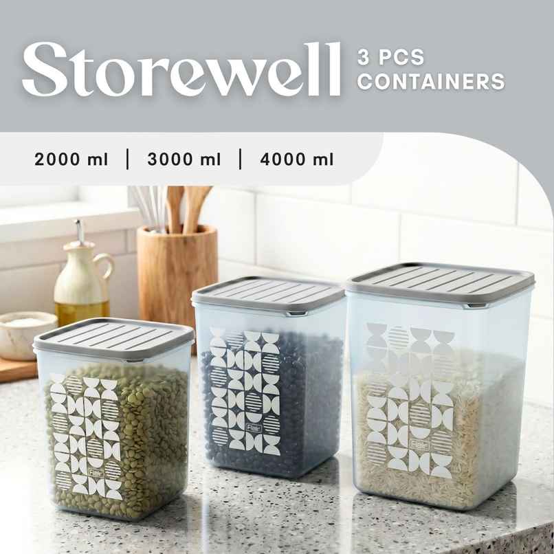 FLAIR Plastic Storewell Square Containers Set | Grey - 2 L , 3L & 4 L FLAIR Plastic Storewell Square Containers Set | Grey - 2 L , 3L & 4 L