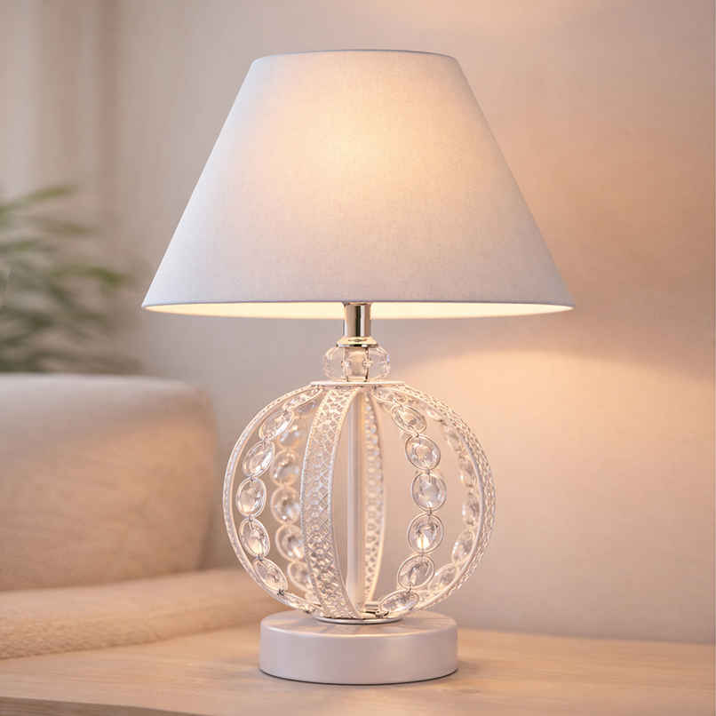 Homesake Crystal Sphere Table Lamp | White Pleated Shade | Small Round | Bedside & Living Room