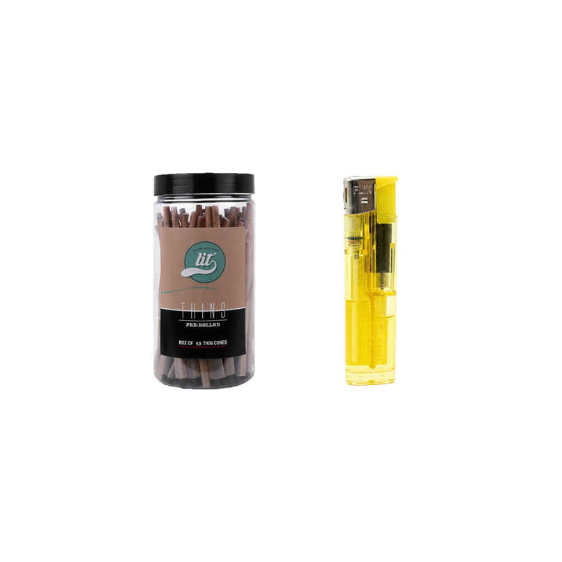 Lit Thins 50 Pre Rolled Cones Jar Brown (1pc) & Flik Pocket Lighter With Adjustable Flame | Assorted (1pc) Combo