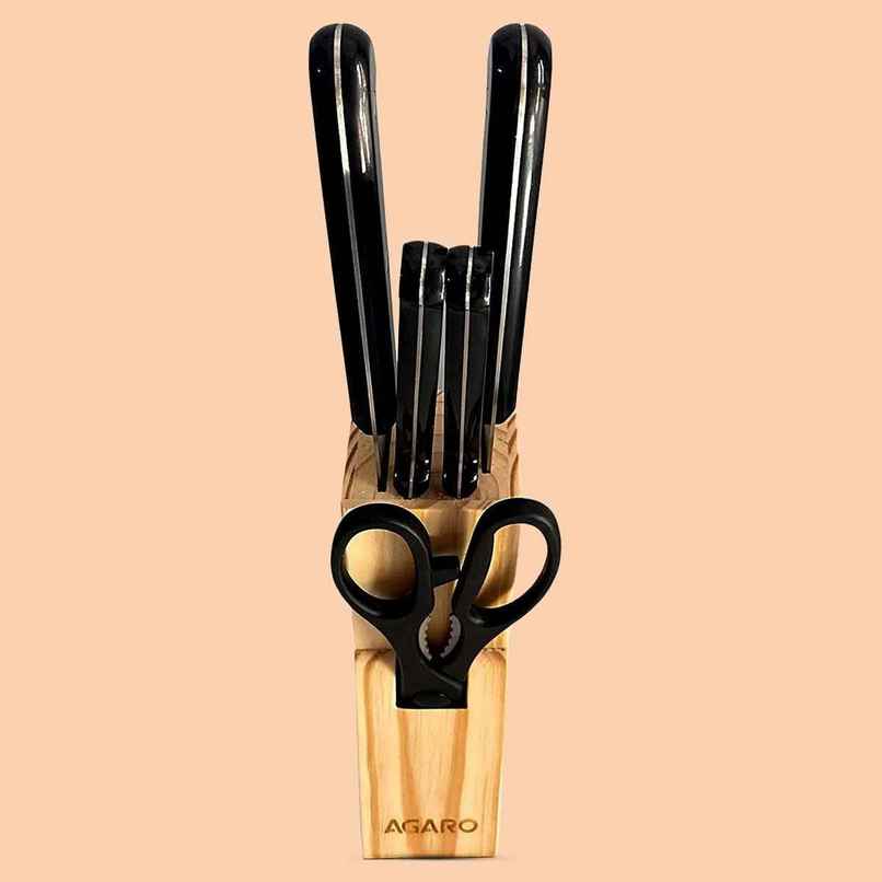 Agaro Galaxy 6x1 Stainless Steel Knife and Scissor set with Wooden Block (Steel) Agaro Galaxy 6x1 Stainless Steel Knife and Scissor set with Wooden Block (Steel)