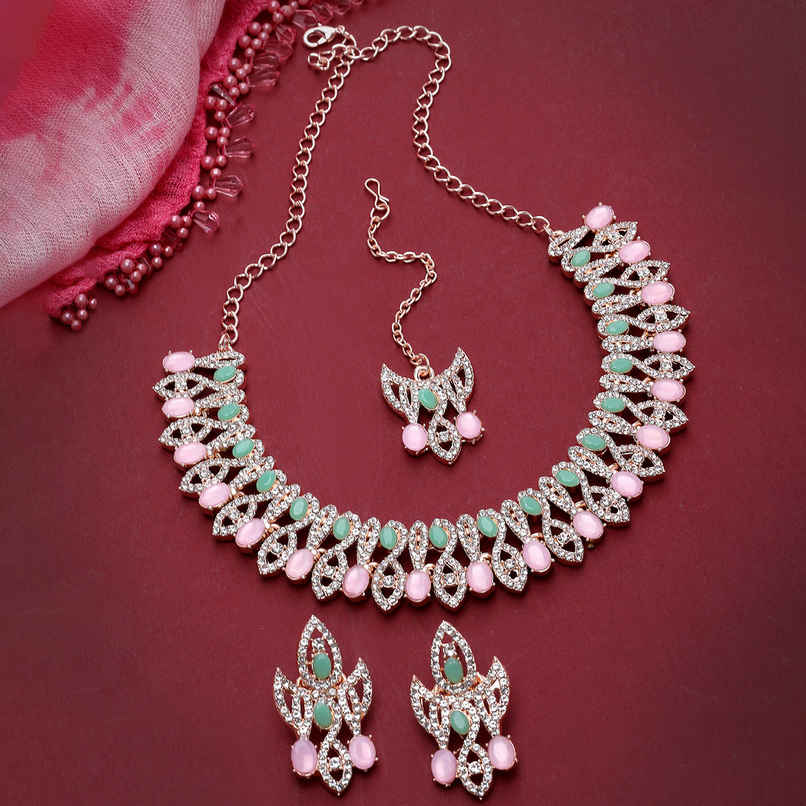 Sukkhi Drop-Dead Gold Plated Pink & Mint Green Stone Studded Choker Necklace Set