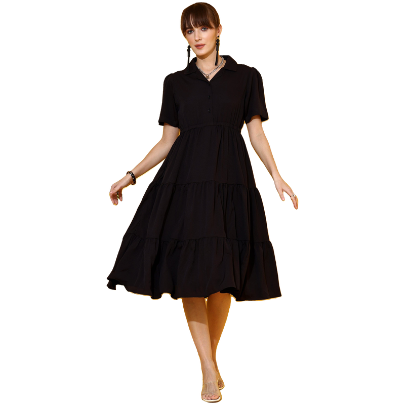 Sheetal Women's Black Shirt Collar Fit And Flare Midi Dress | 11621 | Multicolor - L