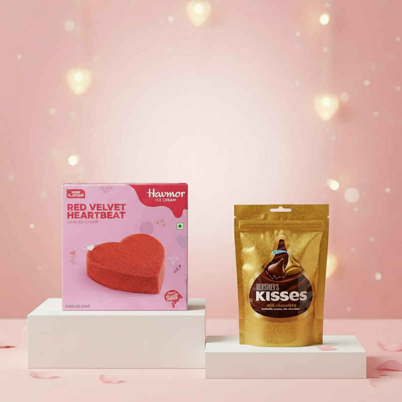 Havmor Red Velvet Heartbeat Cake (450ml) & Hershey'S Kisses Milk | Chocolate Share Bag (108g) Combo