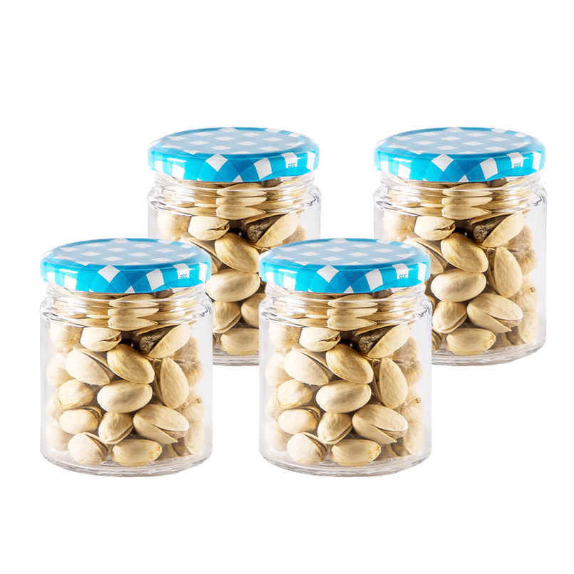 Yera Lucia Storage Jar Set - 4 pcs 200 ml Each - Blue Checkered Lids Yera Lucia Storage Jar Set - 4 pcs 200 ml Each - Blue Checkered Lids