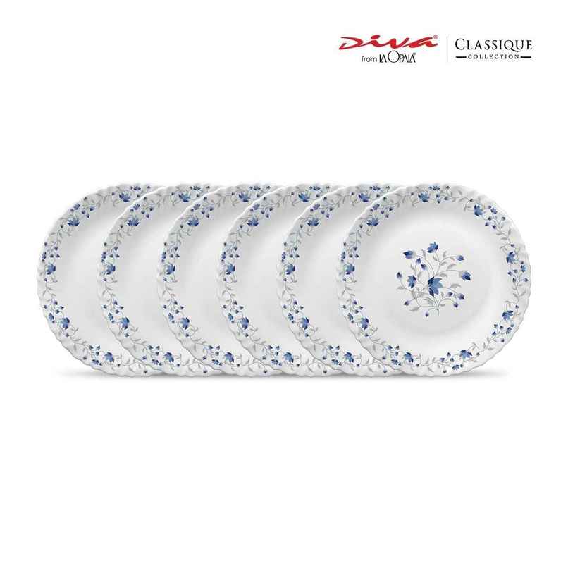 La Opala Diva Classique Dinner Plate | Opal Glass Full Plate for Dining | Set of 6 - Blue Mystique