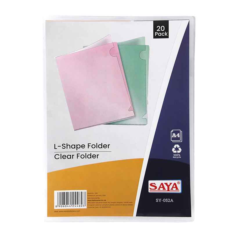 Saya A4 L-Shape Folder File | 120 Micron Transparent Document Holder | Pack of 20