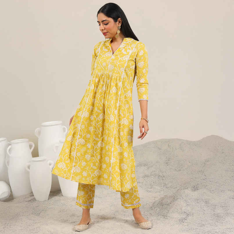 Libas Women's Printed Pure Cotton Straight Kurta Set | 400427H | Yellow - M