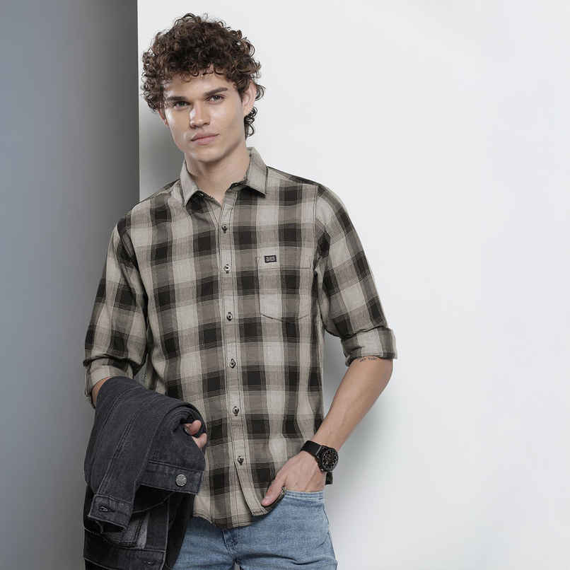 The Indian Garage Co Men's Slim Fit Checkered Casual Shirt | Grey - XL The Indian Garage Co Men's Slim Fit Checkered Casual Shirt | Grey - XL