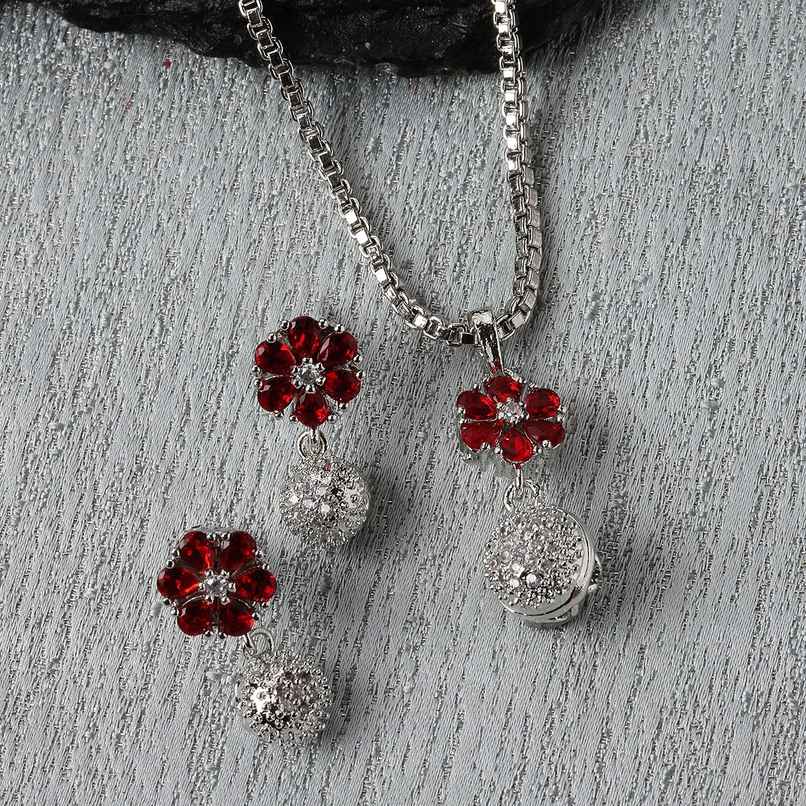 Zeneme Rhodium-Plated Silver Red CZ-AD Floral Cute Pendant Earrings Jewellery Set For Women & Girl