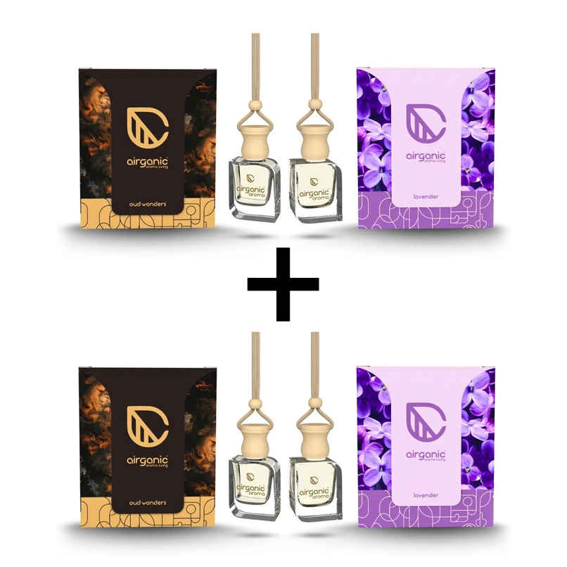 Airganic Swing Combo - Oud Wonder & Lavender | Essential Oils in Glass Bottle with Wooden Lid Combo