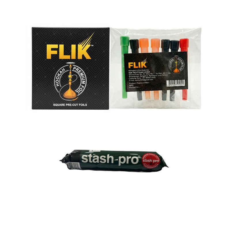 Flik Premium Pre-Cut Hookah Foil (1pc) & Flik Premium Hookah Filters (1pc) & Stash-Pro Premium Magic Coal (10pc) Combo 