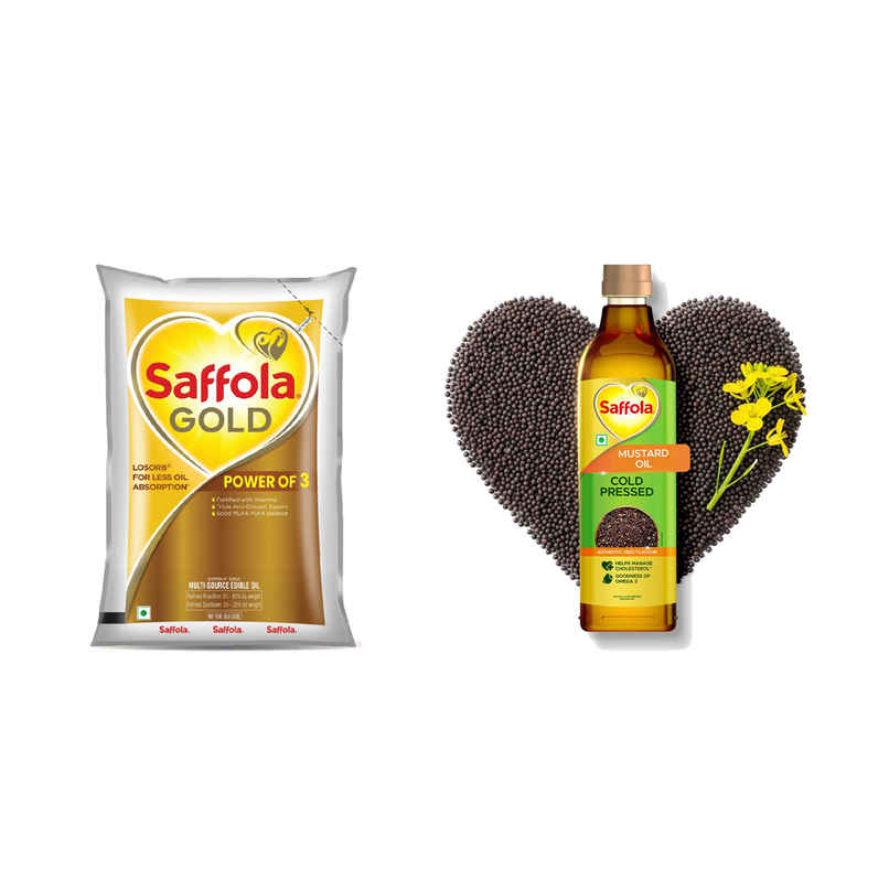 Saffola Gold Oil, Power Of 3, Pouch (910g)  & Saffola Mustard (Sarson) Seed Cold Pressed Oil | Helps Manage Cholesterol (1L) Combo