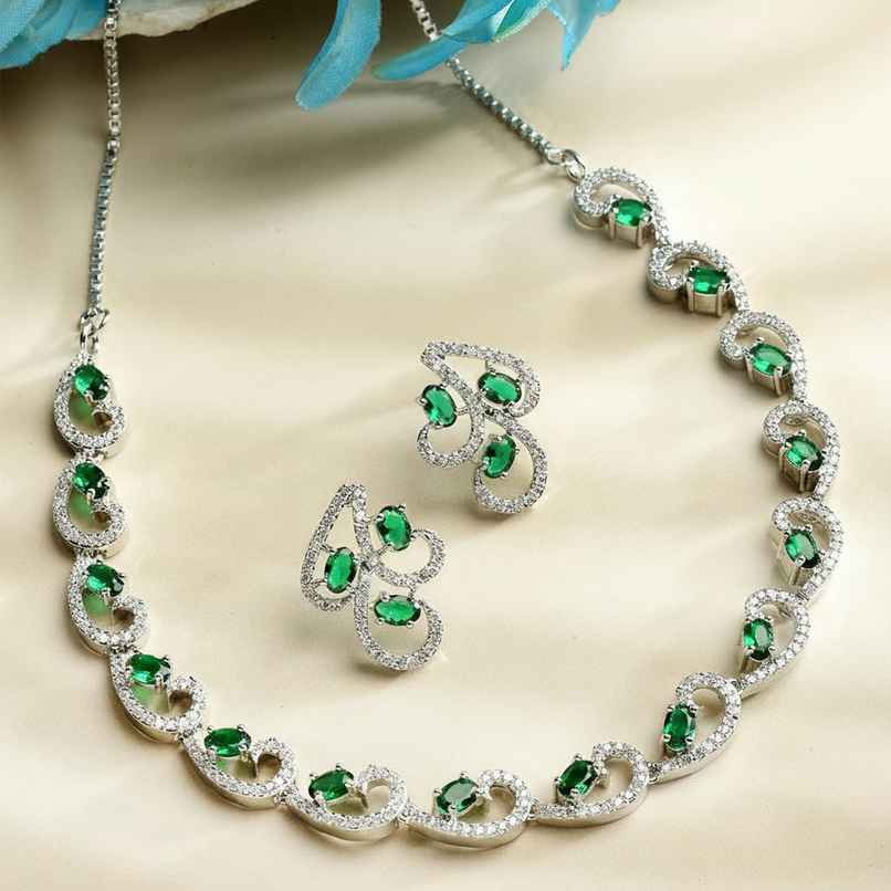 Zeneme Rhodium-Plated Silver-Toned Green American Diamond Necklace Set & Earrings For Women & Girls