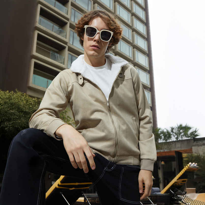 Campus Sutra Men's Fleece-Lined Bomber Jacket | Saltbox Beige & Chalk White - M