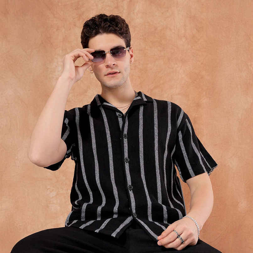 The Indian Garage Co Men's Relaxed Fit Striped Resort Half Sleeve Shirt | Black - S