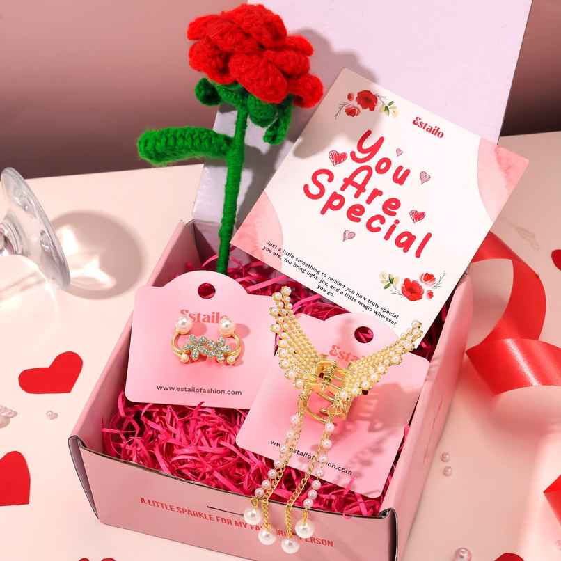 Estailo Fashion Elegant Gift Set with Earrings, Rose & Hair Accessory | Women's Day