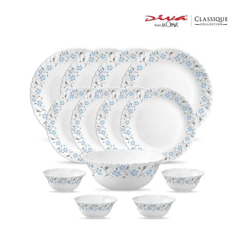 La Opala Diva Classique Dinner Set | Opal Glass Crockery for Dining | 13 Pcs - Grace Blue