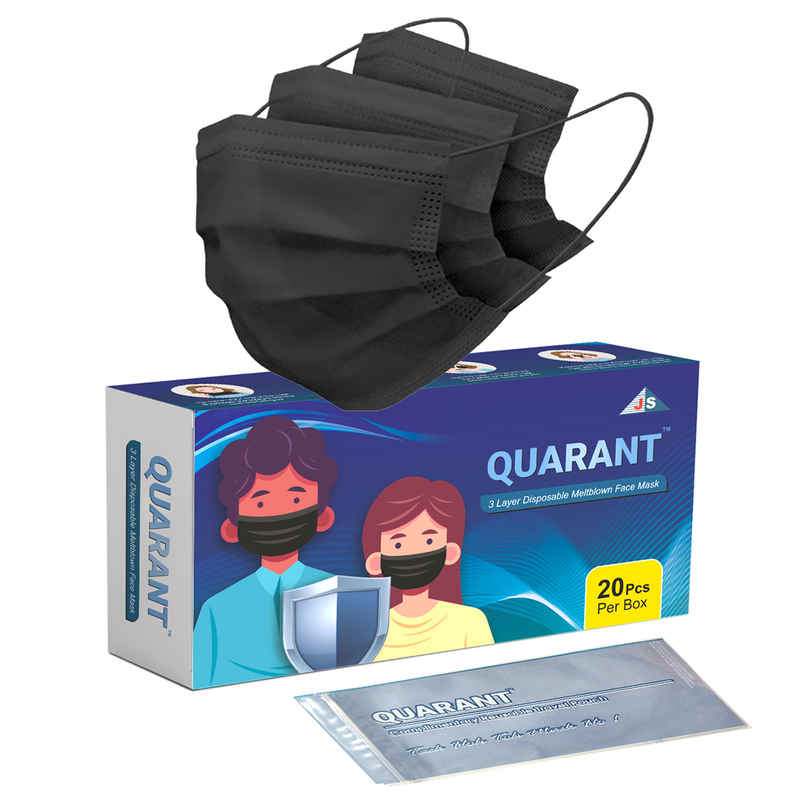 Quarant 3 Layer Disposable Meltblown Face Mask with Nose Clip and Reusable Travel Pouch | Black
