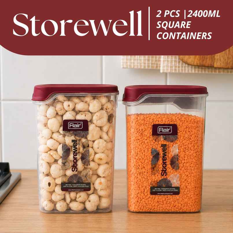 Flair Plastic Storewell Square Food Storage Containers 2400Ml - Set Of 2 (Maroon) Flair Plastic Storewell Square Food Storage Containers 2400Ml - Set Of 2 (Maroon)